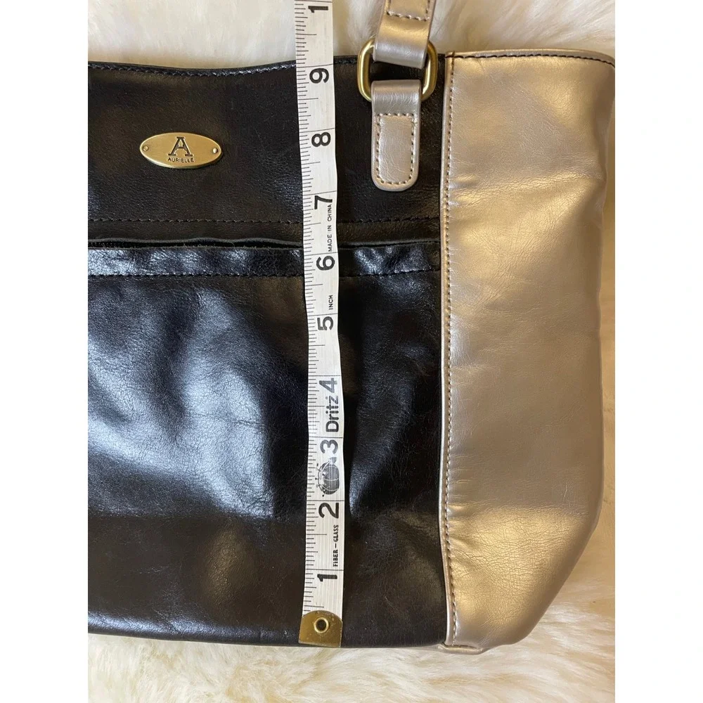 Aurielle‎ Genuine Leather Tote Bag Black Silver Metallic Large Shoulder Handbag